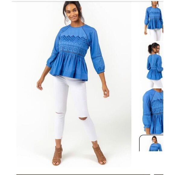 Blue Rain Peplum Black Top Blouse Shirt Size Small Cut Out Crochet Career - Picture 1 of 8